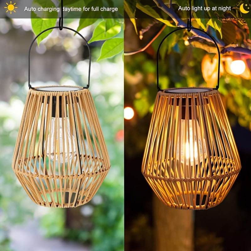 Bohemian Son | Simulations-Rattan Kronleuchter – Solarbetriebene LED-Laterne für Außenbereich, Terrasse, Garten und Balkon