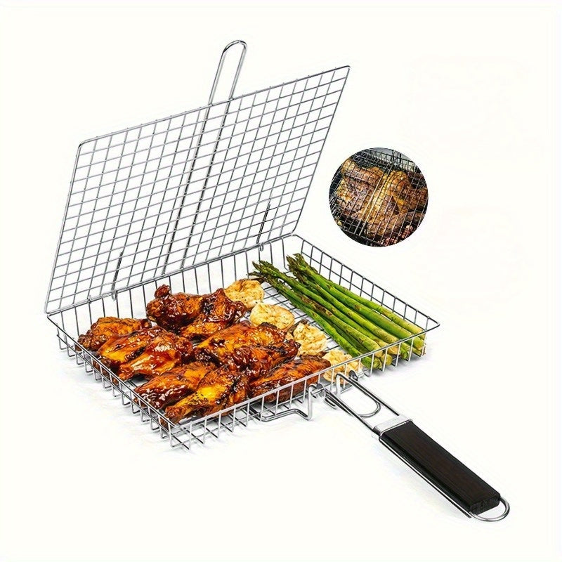 Tragbare BBQ Grillmand mit Holzgriff – Ideal für Picknicks und Camping, Perfekt für Fleisch, Steaks, Garnelen und Gemüse