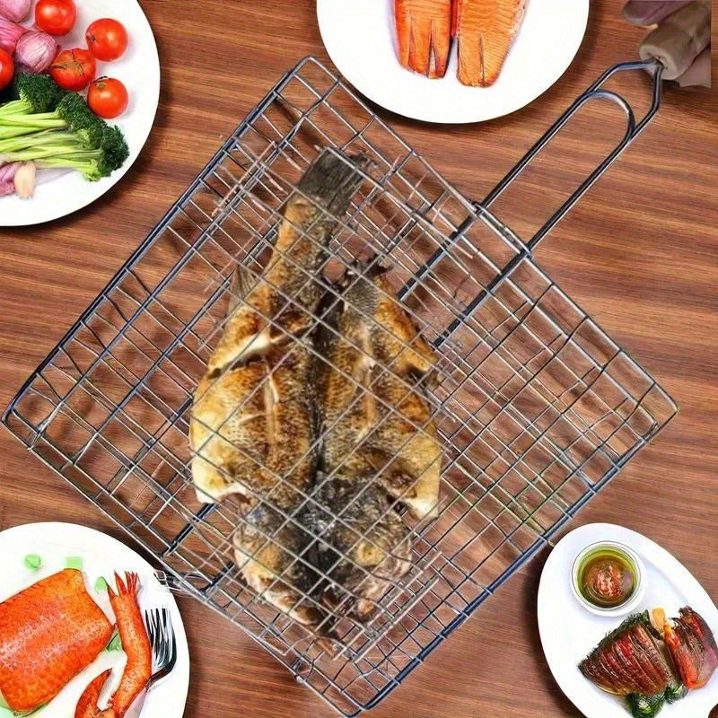 Tragbare BBQ Grillmand mit Holzgriff – Ideal für Picknicks und Camping, Perfekt für Fleisch, Steaks, Garnelen und Gemüse