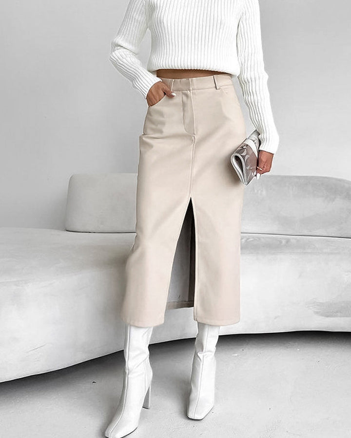 Eleganter Kunstleder-Midirock mit Schlitz – Schwarz & Beige