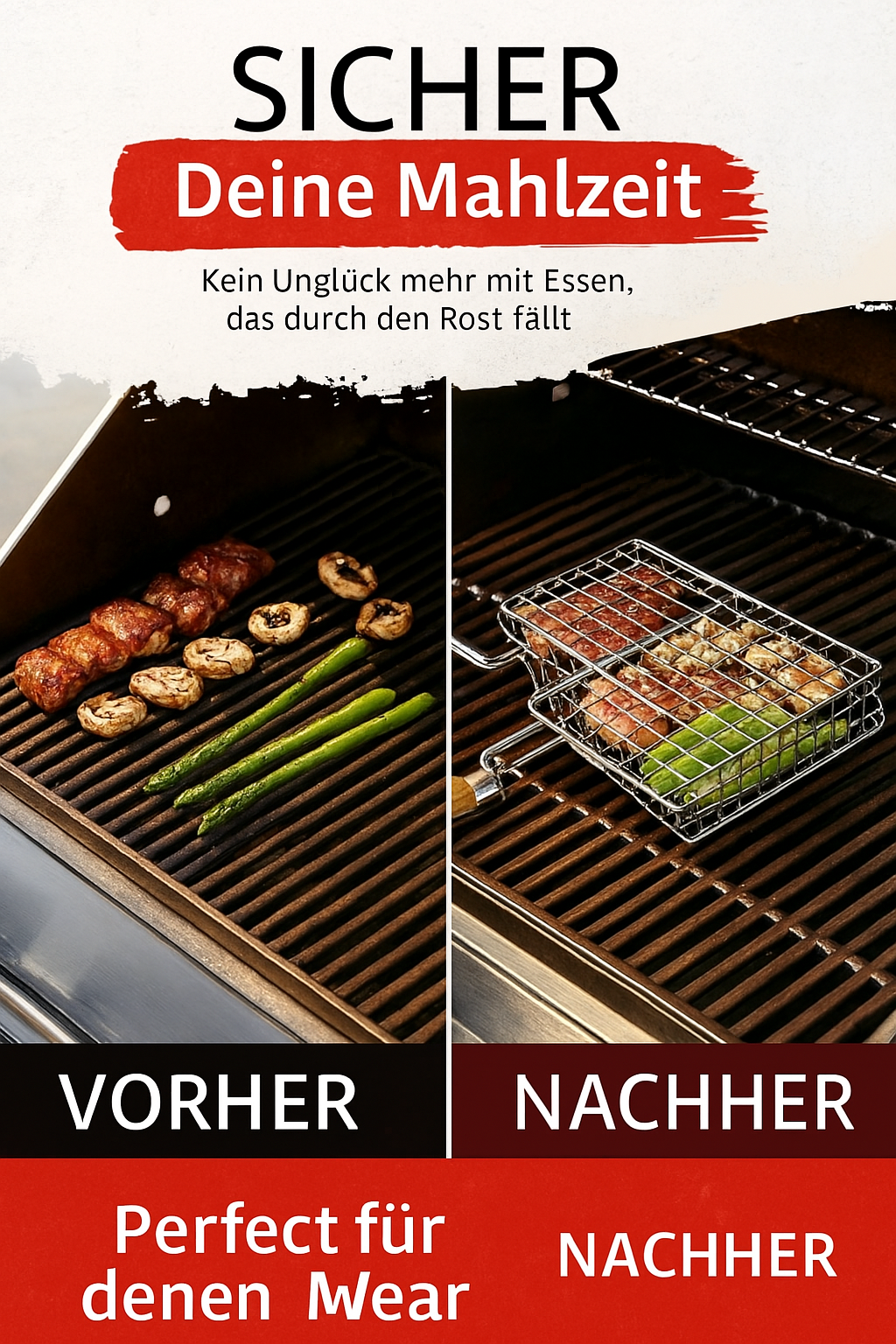 Tragbare BBQ Grillmand mit Holzgriff – Ideal für Picknicks und Camping, Perfekt für Fleisch, Steaks, Garnelen und Gemüse