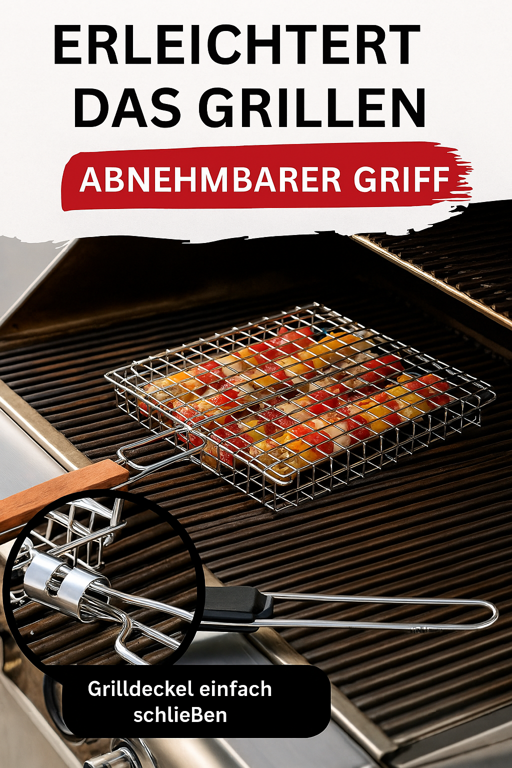 Tragbare BBQ Grillmand mit Holzgriff – Ideal für Picknicks und Camping, Perfekt für Fleisch, Steaks, Garnelen und Gemüse