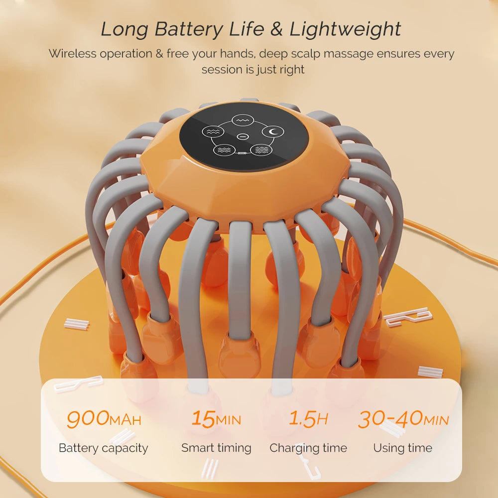 Elektrisches Kopf- & Kopfhautmassagegerät mit 24 Massageköpfen | 360° Vibrationsmassage gegen Stress, Migräne & zur Tiefenentspannung