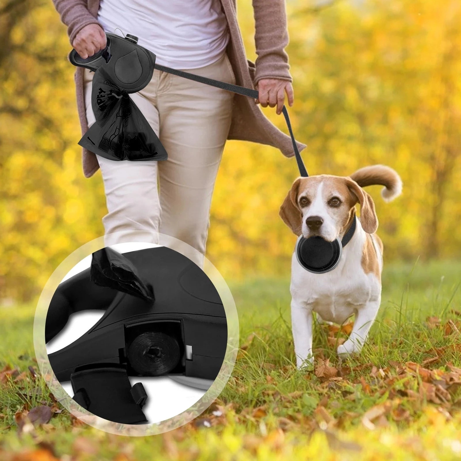 PawMate Go™ – Multifunktions-Hundeleine mit Wasserflasche, Futterschüssel & Kotbeutelspender für Spaziergänge