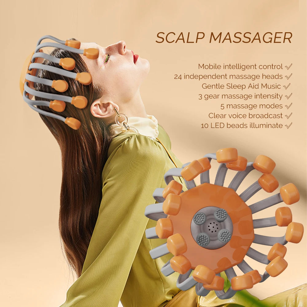 Elektrisches Kopf- & Kopfhautmassagegerät mit 24 Massageköpfen | 360° Vibrationsmassage gegen Stress, Migräne & zur Tiefenentspannung
