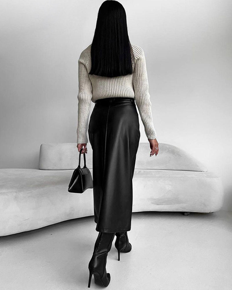 Eleganter Kunstleder-Midirock mit Schlitz – Schwarz & Beige