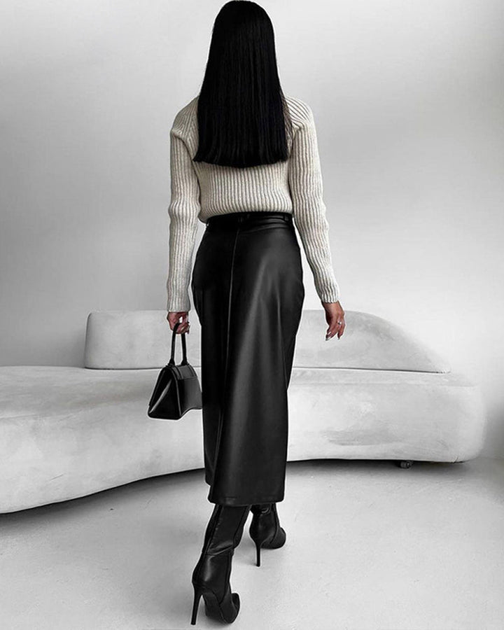 Eleganter Kunstleder-Midirock mit Schlitz – Schwarz & Beige