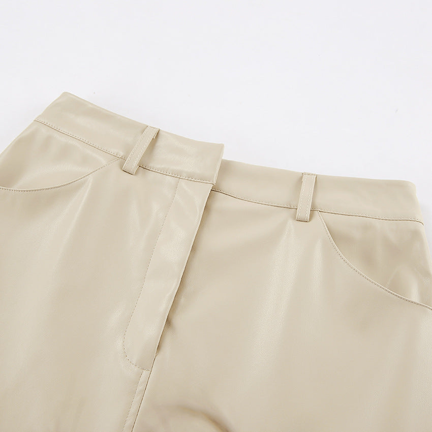 Eleganter Kunstleder-Midirock mit Schlitz – Schwarz & Beige