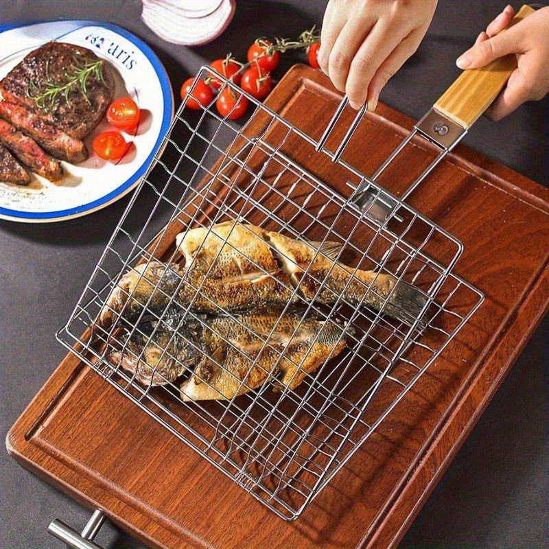 Tragbare BBQ Grillmand mit Holzgriff – Ideal für Picknicks und Camping, Perfekt für Fleisch, Steaks, Garnelen und Gemüse